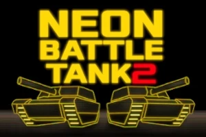 Două tancuri stilizate neon și textul NEON BATTLE TANK 2 în culori galbene și roșii pe fundal negru
