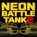 Două tancuri stilizate neon și textul NEON BATTLE TANK 2 în culori galbene și roșii pe fundal negru
