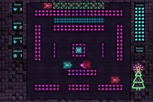 Interfață de joc retro în stil neon cu vehicule pixelate roșii și albastre într-un labirint violet și roz, cu un brad de Crăciun verde în colț