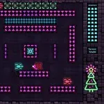 Interfață de joc retro în stil neon cu vehicule pixelate roșii și albastre într-un labirint violet și roz, cu un brad de Crăciun verde în colț