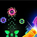 Imagine cu forme geometrice neon colorate și o unealtă strălucitoare îndreptată spre ele, pe un fundal întunecat