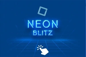 Text albastru neon NEON BLITZ pe un fundal albastru cu un pătrat neon deasupra și o iconiță de mână care face click dedesubt