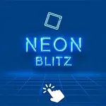 Text albastru neon NEON BLITZ pe un fundal albastru cu un pătrat neon deasupra și o iconiță de mână care face click dedesubt