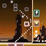 Silhouette de oraș futurist cu elemente geometrice și obiecte luminoase pe fundal auriu