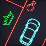 Mașină albastră stilizată înconjurată de o coroană verde, o bombă roșie și o stea galbenă pe un fundal întunecat cu linii roșii