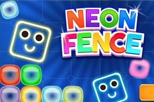Cuburi colorate cu fețe zâmbitoare și textul „Neon Fence” pe un fundal albastru