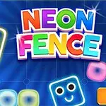 Cuburi colorate cu fețe zâmbitoare și textul „Neon Fence” pe un fundal albastru