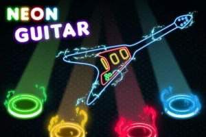 Chitară electrică stilizată în culori neon cu cercuri colorate sub ea pe un fundal închis