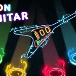 Chitară electrică stilizată în culori neon cu cercuri colorate sub ea pe un fundal închis