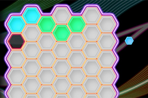 Grilă hexagonală colorată cu piese luminoase pe un fundal negru