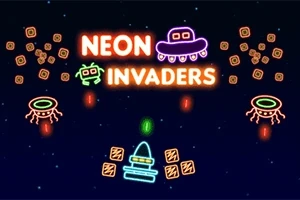 Grafică retro cu personaje și obiecte neon pe un fundal albastru închis, cu inscripția „NEON INVADERS”
