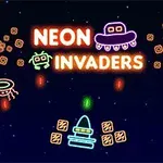 Grafică retro cu personaje și obiecte neon pe un fundal albastru închis, cu inscripția „NEON INVADERS”