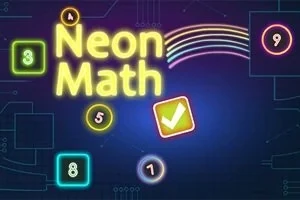 Textul Neon Math strălucește pe un fundal albastru înconjurat de numere neon și semne grafice colorate