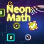 Textul Neon Math strălucește pe un fundal albastru înconjurat de numere neon și semne grafice colorate