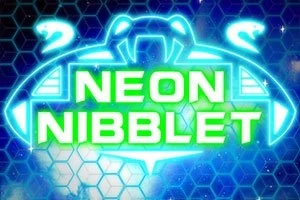Logo futurist albastru și verde cu textul Neon Nibblet pe un fundal de tip fagure și elemente luminoase