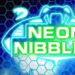 Logo futurist albastru și verde cu textul Neon Nibblet pe un fundal de tip fagure și elemente luminoase