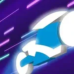 Siluetă stilizată a unei motociclete futuriste albe și albastre pe un fundal violet cu linii strălucitoare