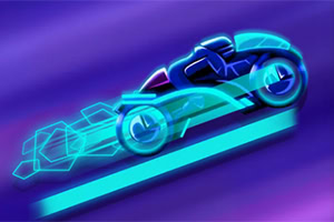 Un vehicul futurist neon albastru de curse pe un fundal violet