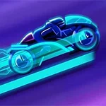 Un vehicul futurist neon albastru de curse pe un fundal violet