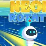 Roboțel cu față neagră și ochi albaștri pe un fundal cu linii și text galben și albastru aprins