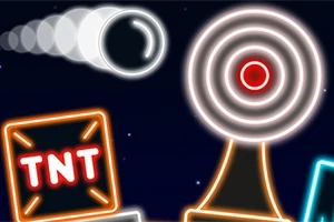 O bilă albă trasată în mișcare este îndreptată către o țintă circulară albă și roșie, însoțită de un bloc portocaliu cu inscripția TNT pe un fundal întunecat