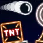 O bilă albă trasată în mișcare este îndreptată către o țintă circulară albă și roșie, însoțită de un bloc portocaliu cu inscripția TNT pe un fundal întunecat