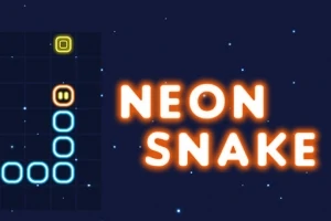 Textul Neon Snake și un șarpe stilizat, format din pătrate albastre, într-un stil retro cu efect neon pe un fundal albastru închis