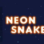 Textul Neon Snake și un șarpe stilizat, format din pătrate albastre, într-un stil retro cu efect neon pe un fundal albastru închis