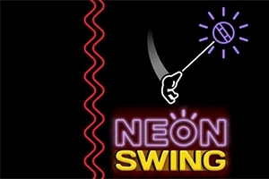 Un design retro cu litere neon colorate, o mână care ține o bilă luminoasă și o linie roșie zigzagată pe un fundal negru