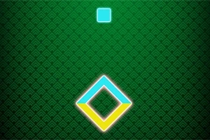 Un fundal verde texturat cu un pătrat mic cyan deasupra și un diamant format dintr-un contur luminos albastru și galben dedesubt