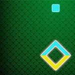 Un fundal verde texturat cu un pătrat mic cyan deasupra și un diamant format dintr-un contur luminos albastru și galben dedesubt