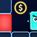 Un cub albastru cu față zâmbitoare și un ochi închis, un simbol de dolar galben, și câteva blocuri colorate pe un fundal întunecat