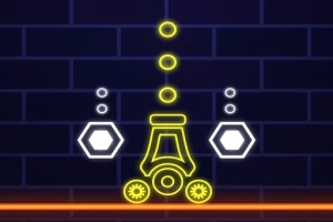 Figură geometrică stilizată cu linii neon galbene și albe pe un fundal întunecat, cu forme hexagonale și cercuri