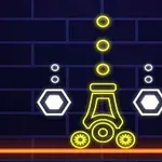 Figură geometrică stilizată cu linii neon galbene și albe pe un fundal întunecat, cu forme hexagonale și cercuri