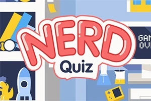 Textul NERD Quiz pe un fundal cu elemente geek, cum ar fi o rachetă, cărți, o consolă de jocuri și o pancartă cu Game Over