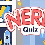 Textul NERD Quiz pe un fundal cu elemente geek, cum ar fi o rachetă, cărți, o consolă de jocuri și o pancartă cu Game Over