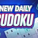 Textul New Daily Sudoku pe fundal albastru cu elemente de joc de Sudoku