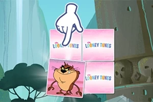 Mâna unui desen animat arată către un pătrat cu un personaj animat și trei pătrate cu sigla Looney Tunes pe un fundal de peisaj animat