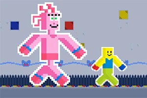 Personaje pixelate colorate, unul roz și unul galben, merg pe un fundal gri cu pătrate colorate și o linie de vârfuri negre jos