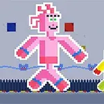 Personaje pixelate colorate, unul roz și unul galben, merg pe un fundal gri cu pătrate colorate și o linie de vârfuri negre jos