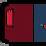 Imagine prezintă un ecran împărțit în două, cu o parte roșie și alta albastră, între ele fiind un obiect pixelat de culoare roșie și verde
