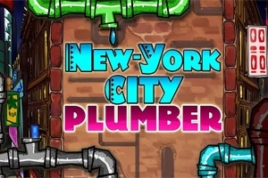 Text colorat „New York City Plumber” pe un fundal de zidărie, înconjurat de țevi verzi și albastre