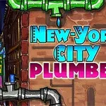 Text colorat „New York City Plumber” pe un fundal de zidărie, înconjurat de țevi verzi și albastre