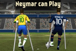 Două personaje cu tricouri de fotbal, folosind cârje pe un teren de fotbal, sub un titlu care spune Neymar can Play