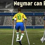 Două personaje cu tricouri de fotbal, folosind cârje pe un teren de fotbal, sub un titlu care spune Neymar can Play