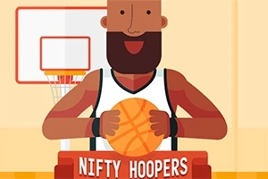 Un personaj animat cu barbă, îmbrăcat în echipament de baschet, ținând o minge de baschet în fața unui coș, cu textul Nifty Hoopers dedesubt