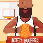 Un personaj animat cu barbă, îmbrăcat în echipament de baschet, ținând o minge de baschet în fața unui coș, cu textul Nifty Hoopers dedesubt