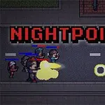 Un personaj cu o armă trage într-un grup de persoane pe o stradă întunecată, cu textul „NIGHTPOINT