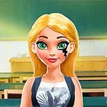 Personaj animat cu păr blond și ochi verzi într-o sală de clasă