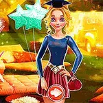 Fată îmbrăcată elegant, purtând o pălărie de absolvire și ținând un balon, într-un decor colorat și strălucitor, cu diverse articole de modă afișate în jur